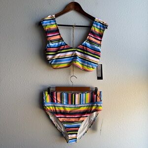Catalina Women’s Striped Cap Sleeve Bikini Swimsuit Set Size L (12-14)  New B
